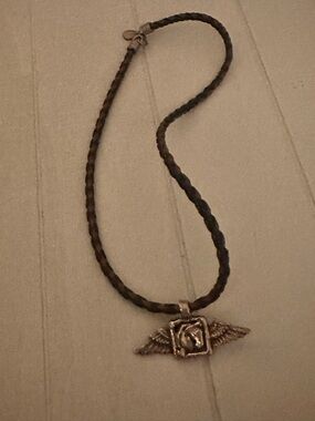 Braided Brown Leather Necklace with Winged Horse Silver Pendant